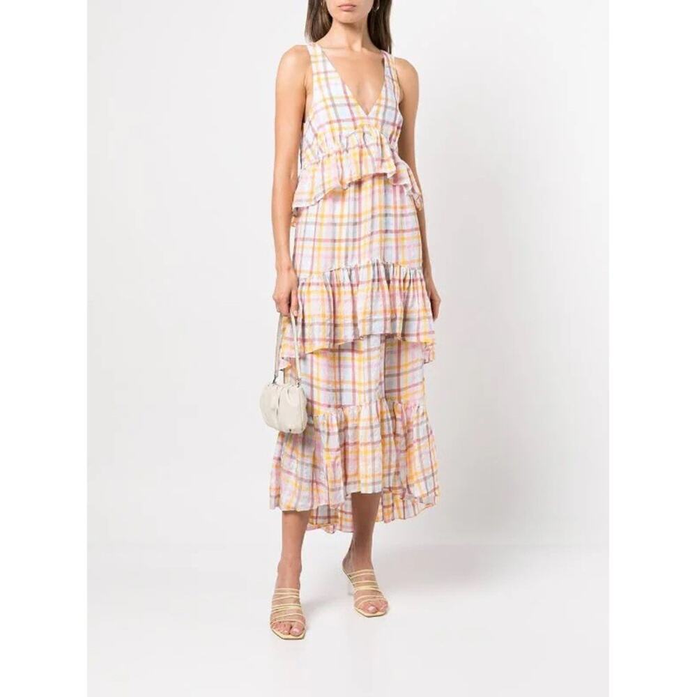 NEW Cinq A Sept Astor Tiered Plaid-print Midi Dress Sz 6